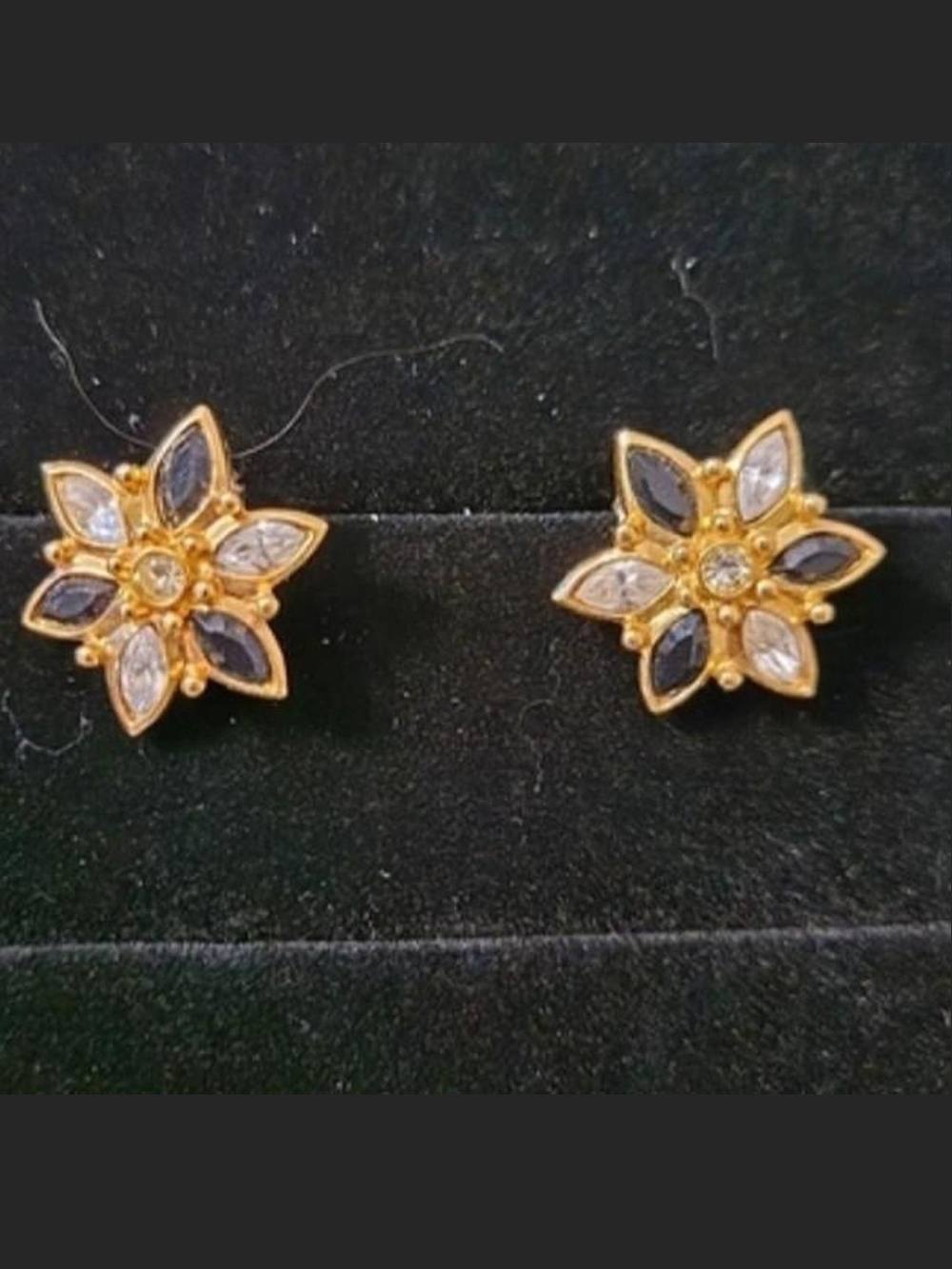 Source Unknown Gold Floral Stud Earrings with Blue and White Accents